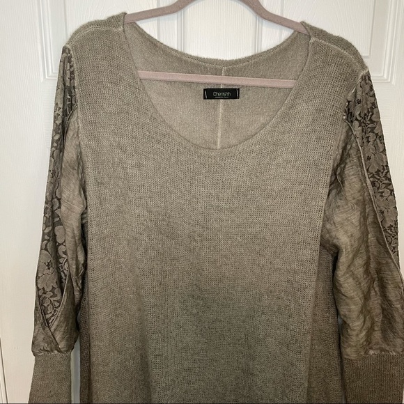 Cherishh Made In Italy Long Tunic Top Taupe Floral Decorative Sleeves Medium - Picture 2 of 6